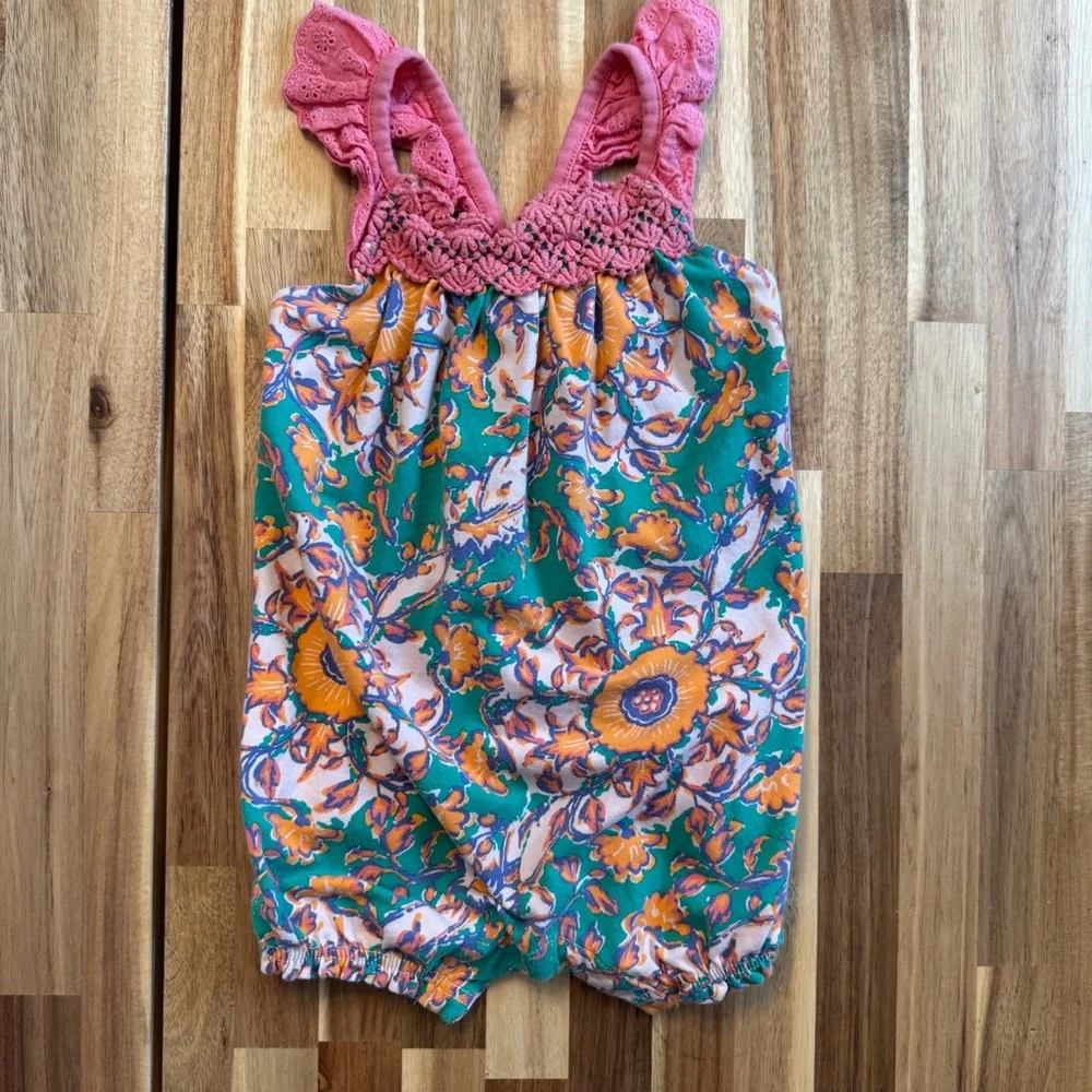 Matilda Jane Floral Bubble Romper Pink Crochet Eyelet Ruffle Straps 18-24M‎